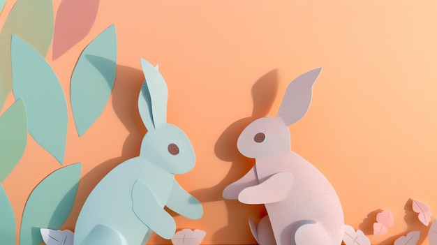 Two Paper Rabbits with Pastel Leaf Background Generative AI