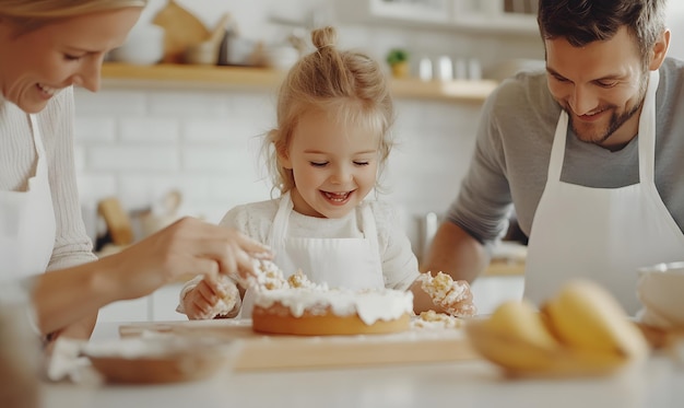 Photo two parents and their children baking together