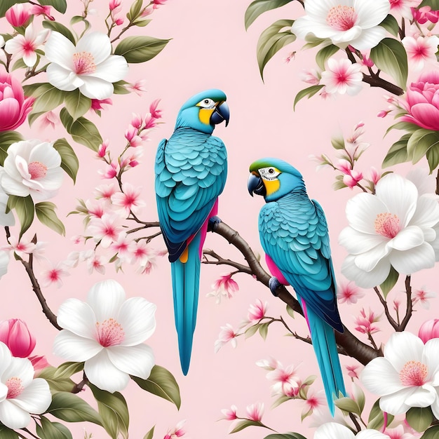 two parrot seated on the branch with pink white flower generative ai