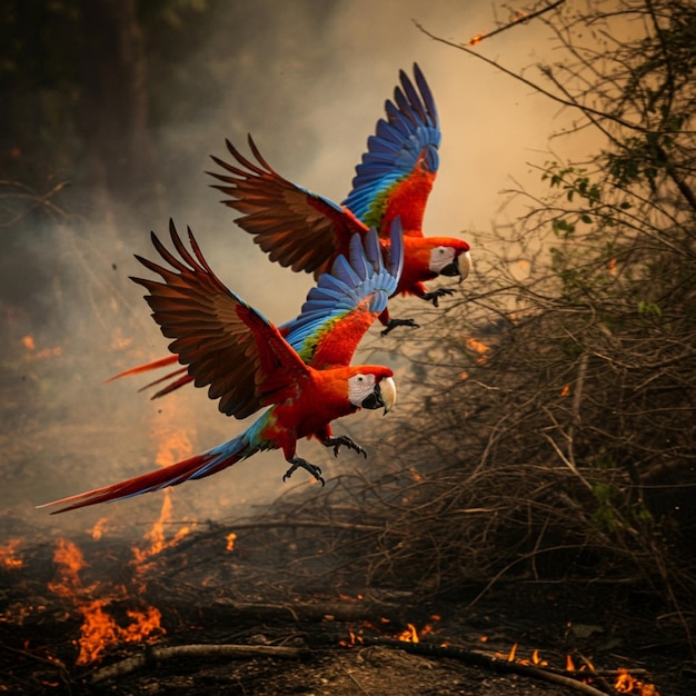 two parrots are flying in front of a fire that has flames coming out of it