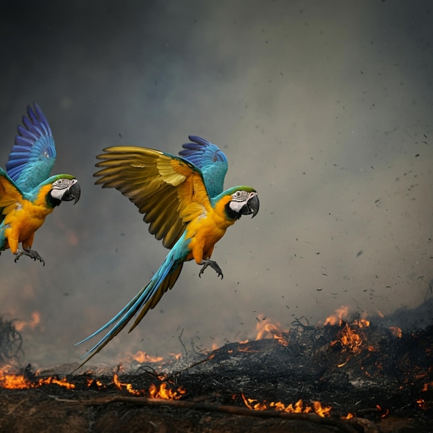 two parrots are flying in front of a fire that has flames coming out of it