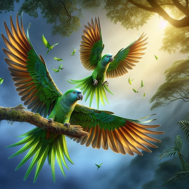 two parrots are flying in the sky and one has a green and yellow tail