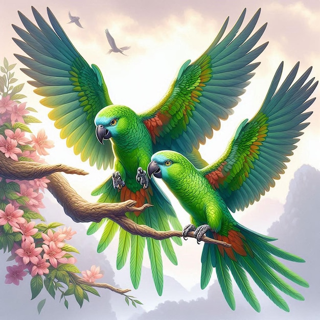 Photo two parrots are flying in a tree with a sky background