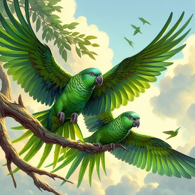 Photo two parrots are shown with a sky background