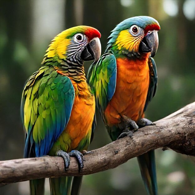 two parrots are sitting on a branch one has a green blue and yellow blue green and red and blue