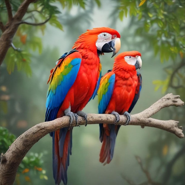 two parrots are sitting on a branch one has a green blue yellow and red tail