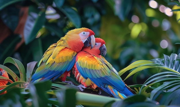 two parrots are sitting on a branch with one being held up by one another