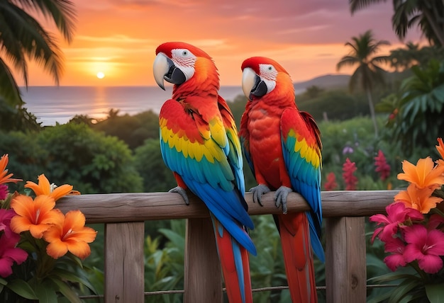 two parrots are sitting on a wooden fence and one has a sunset in the background