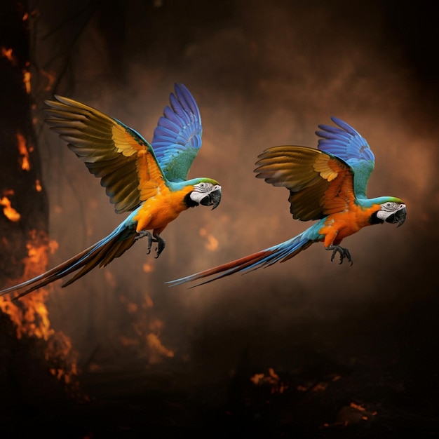 two parrots flying in front of a burning background with flames and smoke behind them