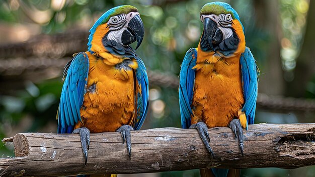 Photo two parrots with blue and yellow feathers on a branch