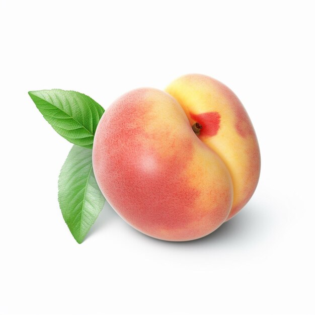 Two peaches with a green leaf that says " peach ".