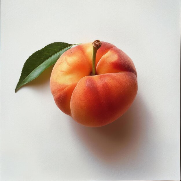 two peaches with a green leaf on a white surface