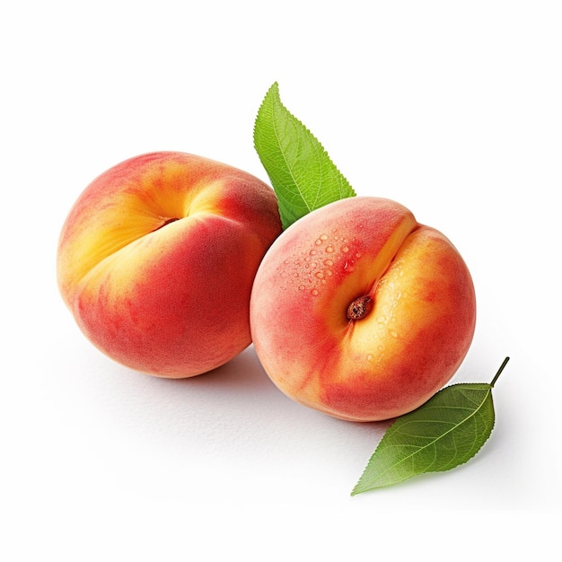 Two peaches with leaves that have been cut into pieces.