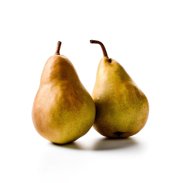 Two pears are sitting on a white surface