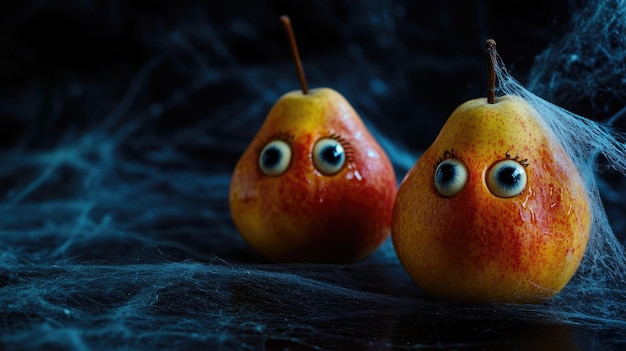 Photo two pears with googly eyes sit amidst cobwebs on dark surface