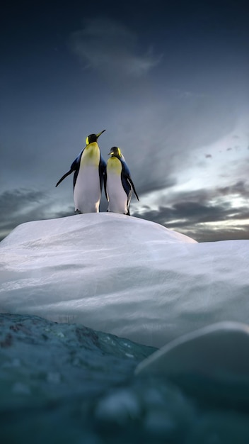 Two penguin looking around ice rock and see clear beautiful ocean High quality 3d illustration render