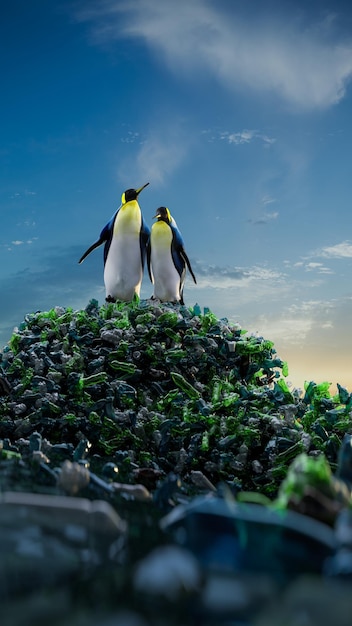 Two penguin looking around and see ocean with plastic garbage. High quality 3d illustration render