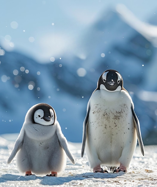 Two penguin with a mountain in the background