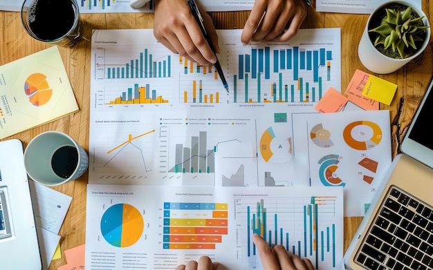 Two people analyzing data and charts spread across a table working on a business project