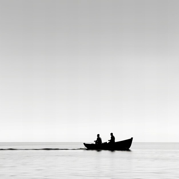 Photo two people are in a boat on the water and one is wearing a white shirt