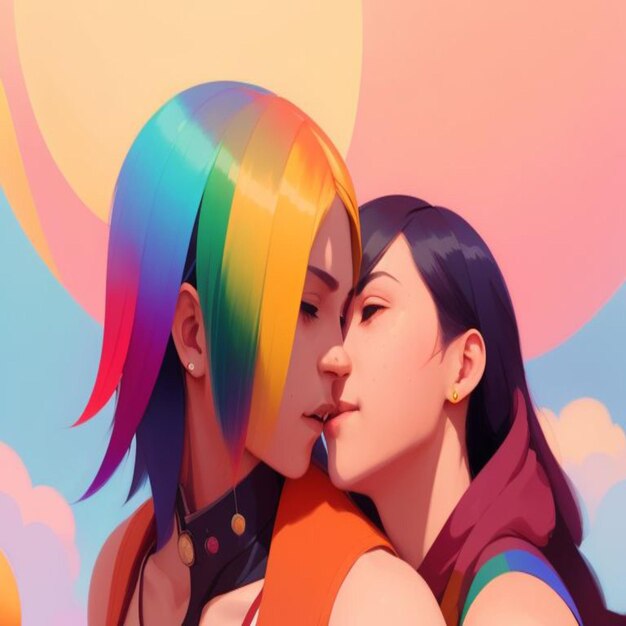 Photo two people are kissing and one is wearing a rainbow colored top