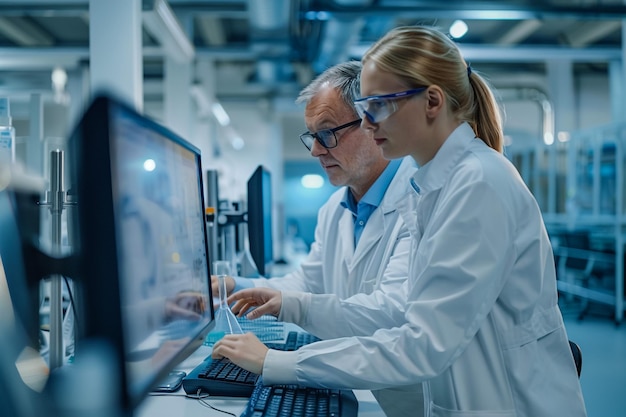 two people are looking at a computer screen that has the word lab on it