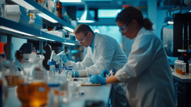 two people are looking at a lab with a bottle of liquid in it