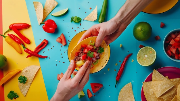 Photo two people are making food on a table with a blue tablecloth that says  food