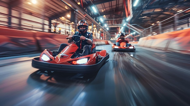 Photo two people are racing in gokarts on an indoor track with motion blur and a blurred background the ka