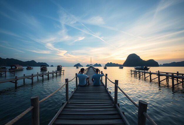 two people are sitting on a dock with a sunset in the background