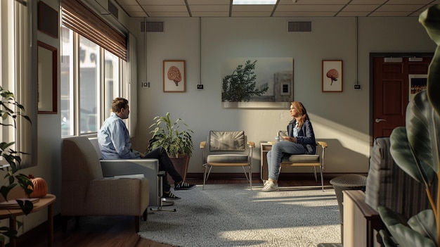 Photo two people are sitting in a living room one of which has a tree on the left