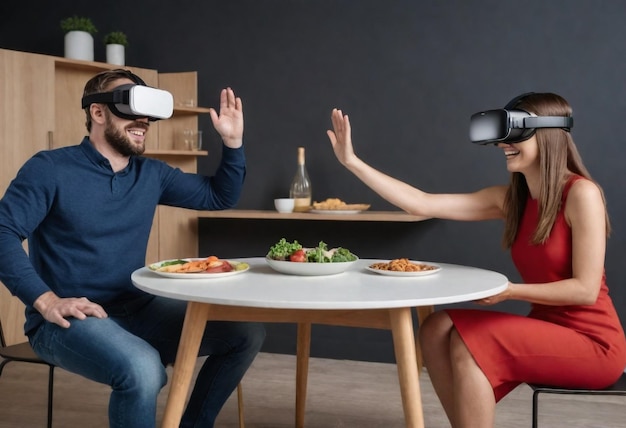 two people are sitting at a table with glasses of wine and foodwearing virtual camera