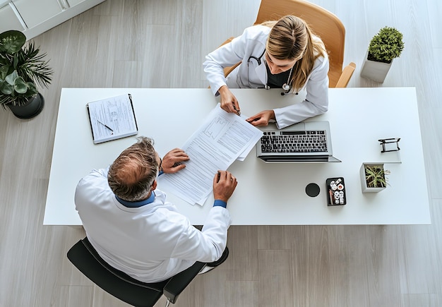 Photo two people are sitting at a table with papers and one has a stethoscope on it