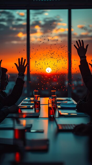 Photo two people are sitting at a table with the sun setting behind them