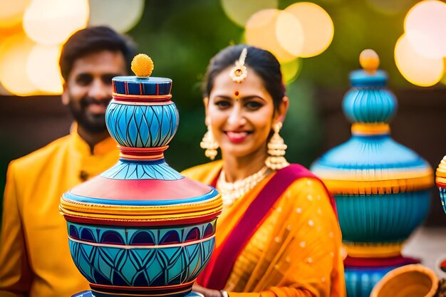 Photo two people are smiling and one is wearing a colorful sari