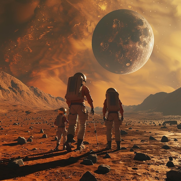 two people are standing in a desert with a large planet in the background