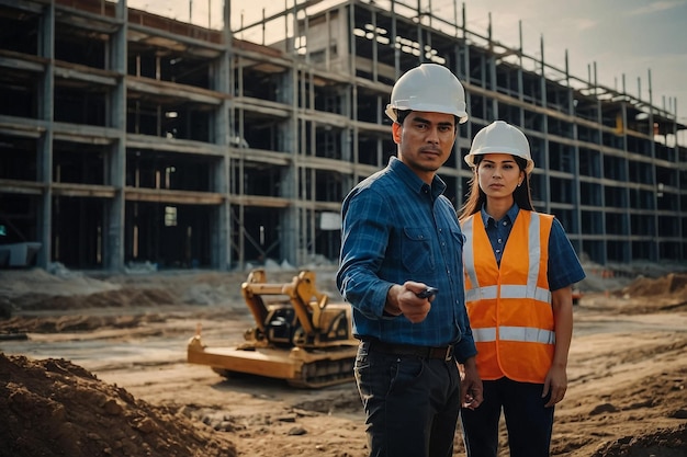 two people are standing in front of a building that has a construction site