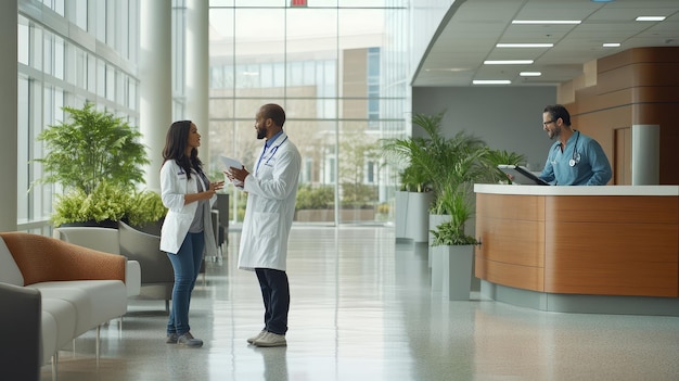 Photo two people are standing in a lobby one of which is a lab