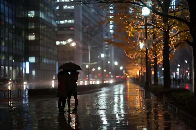 Photo two people are standing under an umbrella in the rain