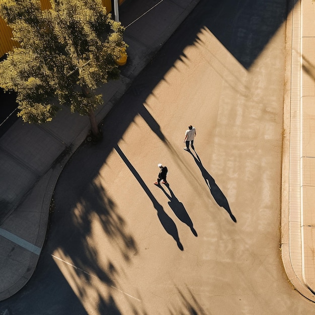 Photo two people are walking down a street with shadows on the ground