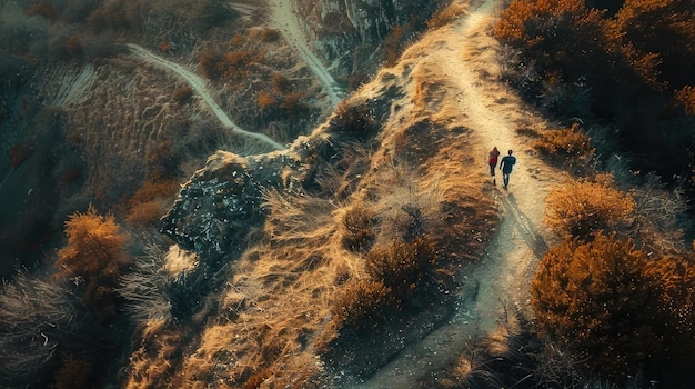 two people are walking in a mountain with a mountain in the background