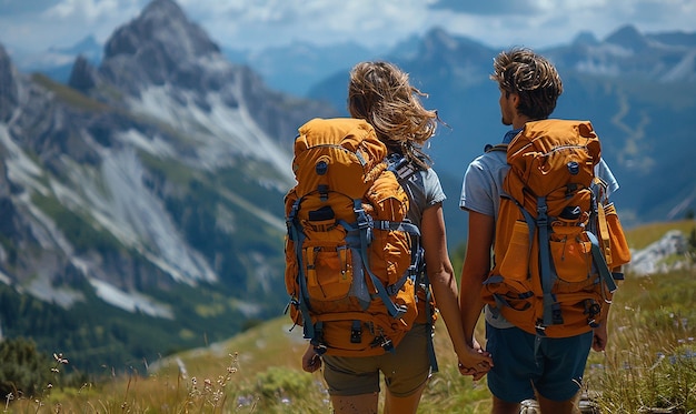 Photo two people are walking in a mountain with mountains in the background