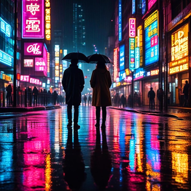 Photo two people are walking in the rain with umbrellas