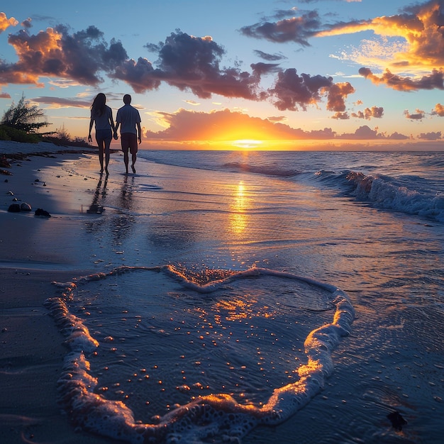 two people on a beach with a heart drawn in the sand