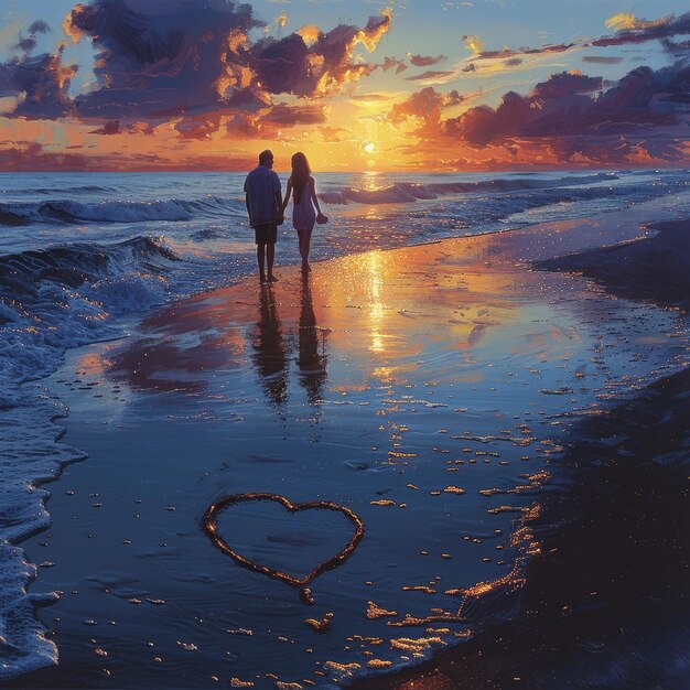 Photo two people on the beach with a heart in the sand