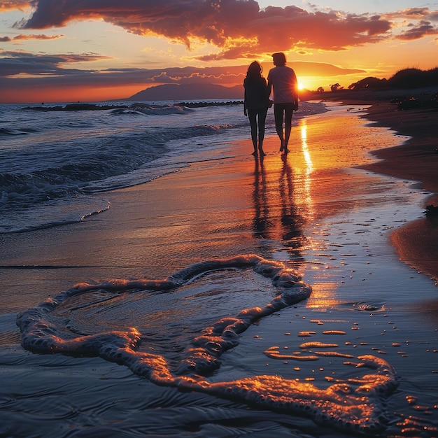 Photo two people on the beach with a heart in the sand