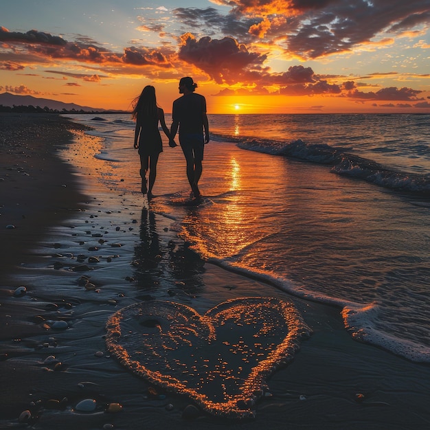 Photo two people on the beach with a heart shaped heart in the sand