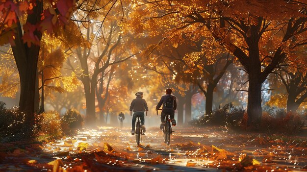 Two people bike through sunlit autumn park on a clear morning