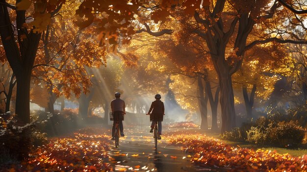 Two people bike through sunlit autumn park on a clear morning