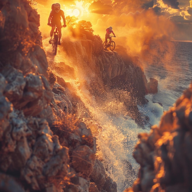 Photo two people on bikes ride over a wave with the sun setting behind them